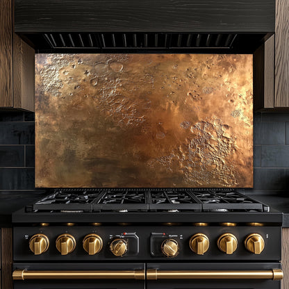 Textured Copper-Effect Glass Backsplash: Rustic Kitchen Decor