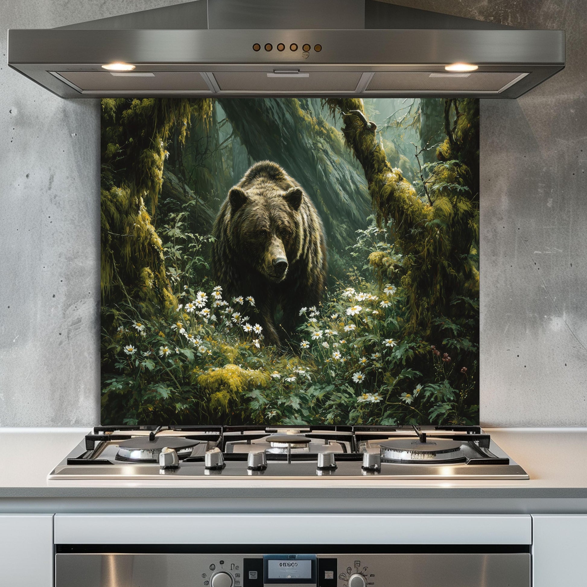 Copper Bear Backsplash: Hand-Embossed Tempered Glass, Rustic Cabin Kitchen