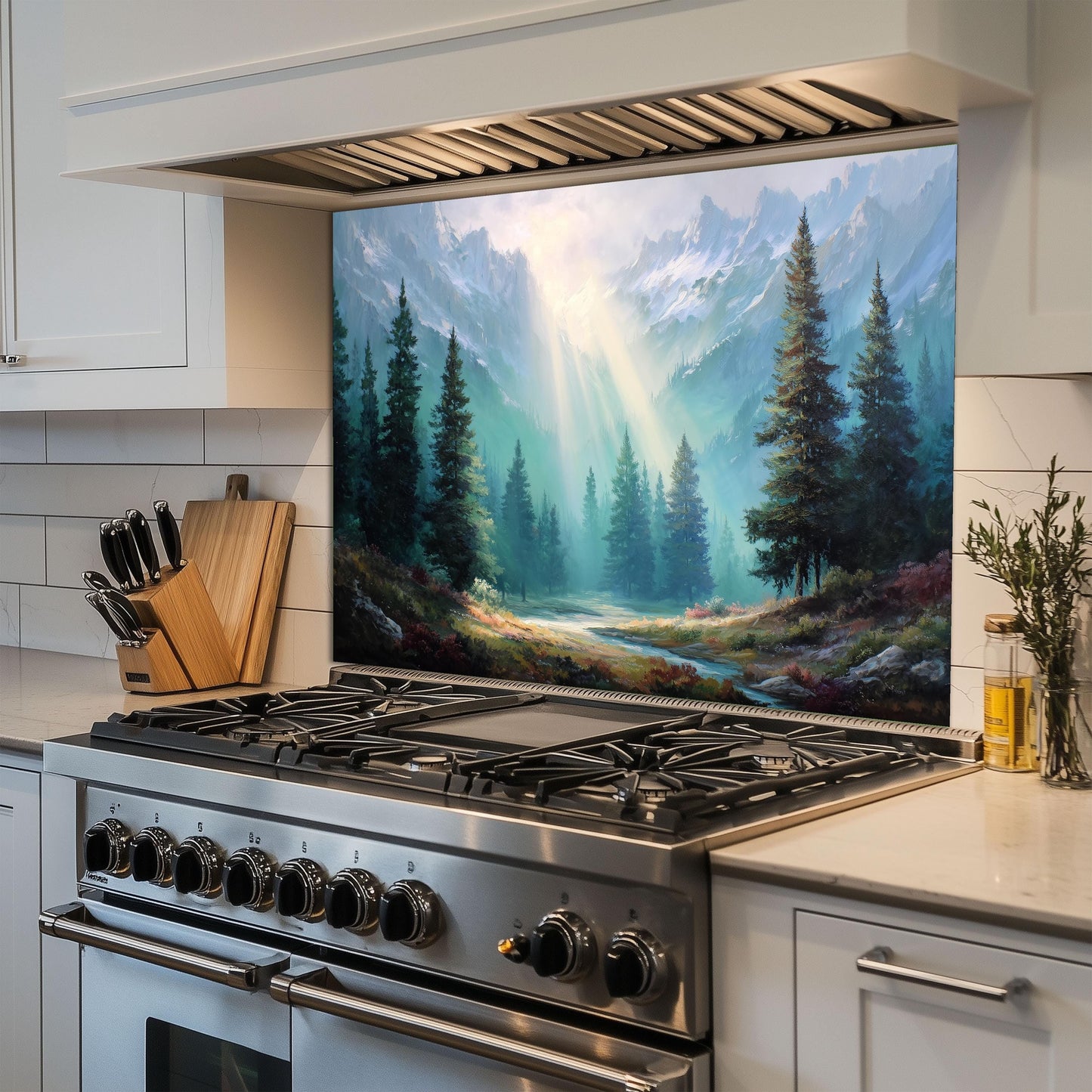 Mountain Sunrise Tempered Glass Backsplash: Rustic Kitchen Wall Art