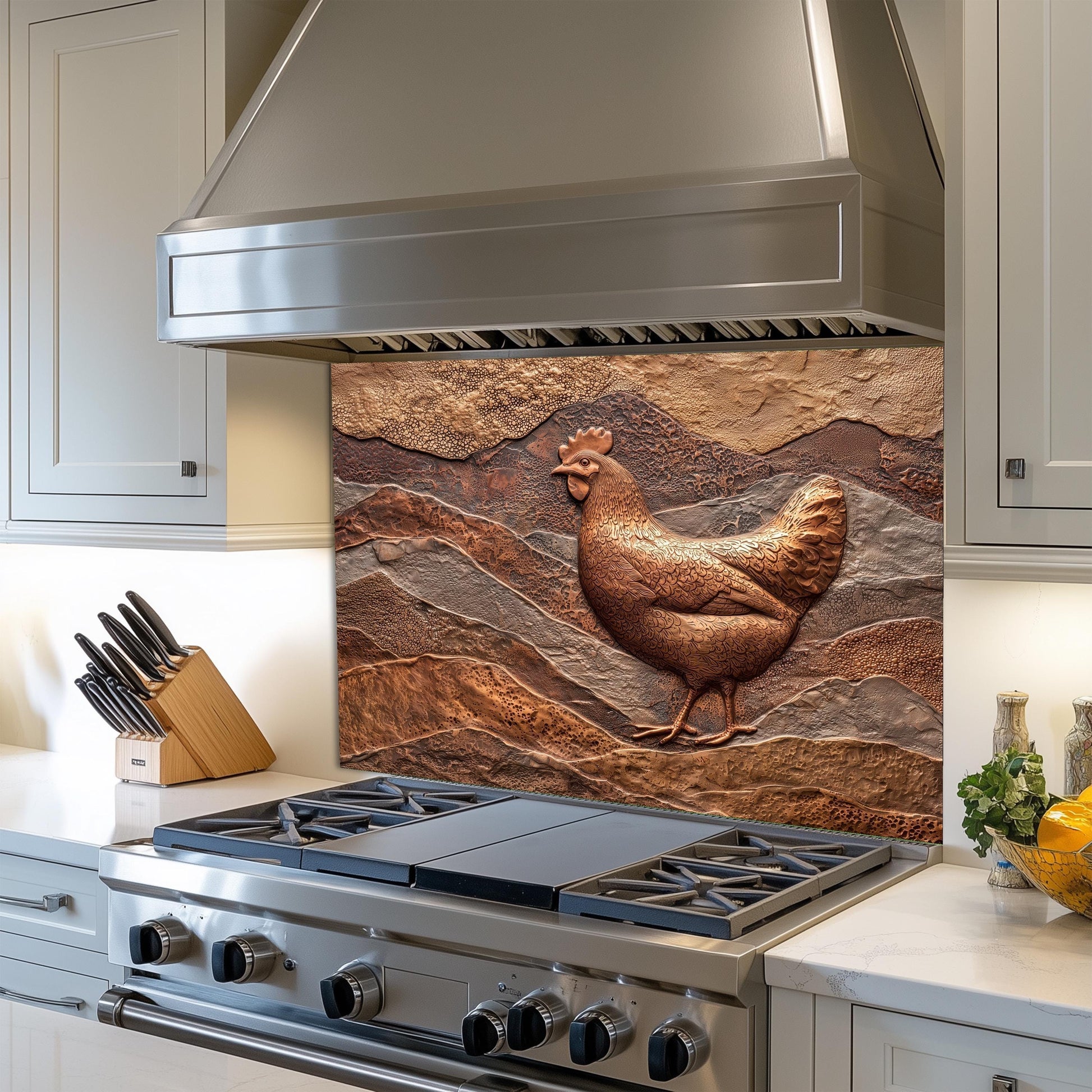 Rustic Chicken Backsplash: Embossed Hen, Tempered Glass Farmhouse Decor