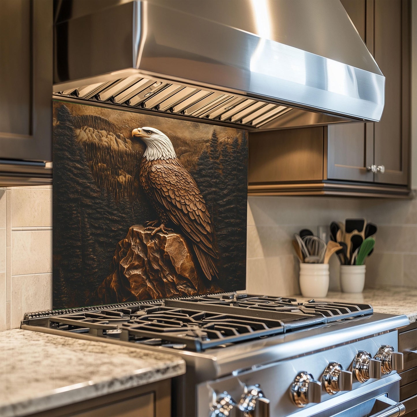 Heat-resistant tempered glass backsplash, Bald Eagle copper design, easy clean kitchen wall protector, patriotic kitchen art, stove backsplash, wildlife kitchen decor, copper kitchen design