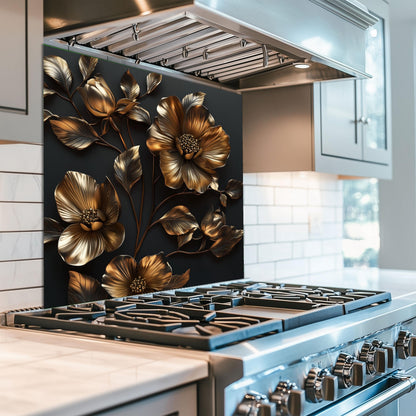 Golden Flower Tempered Glass Kitchen Backsplash: Artistic Flair