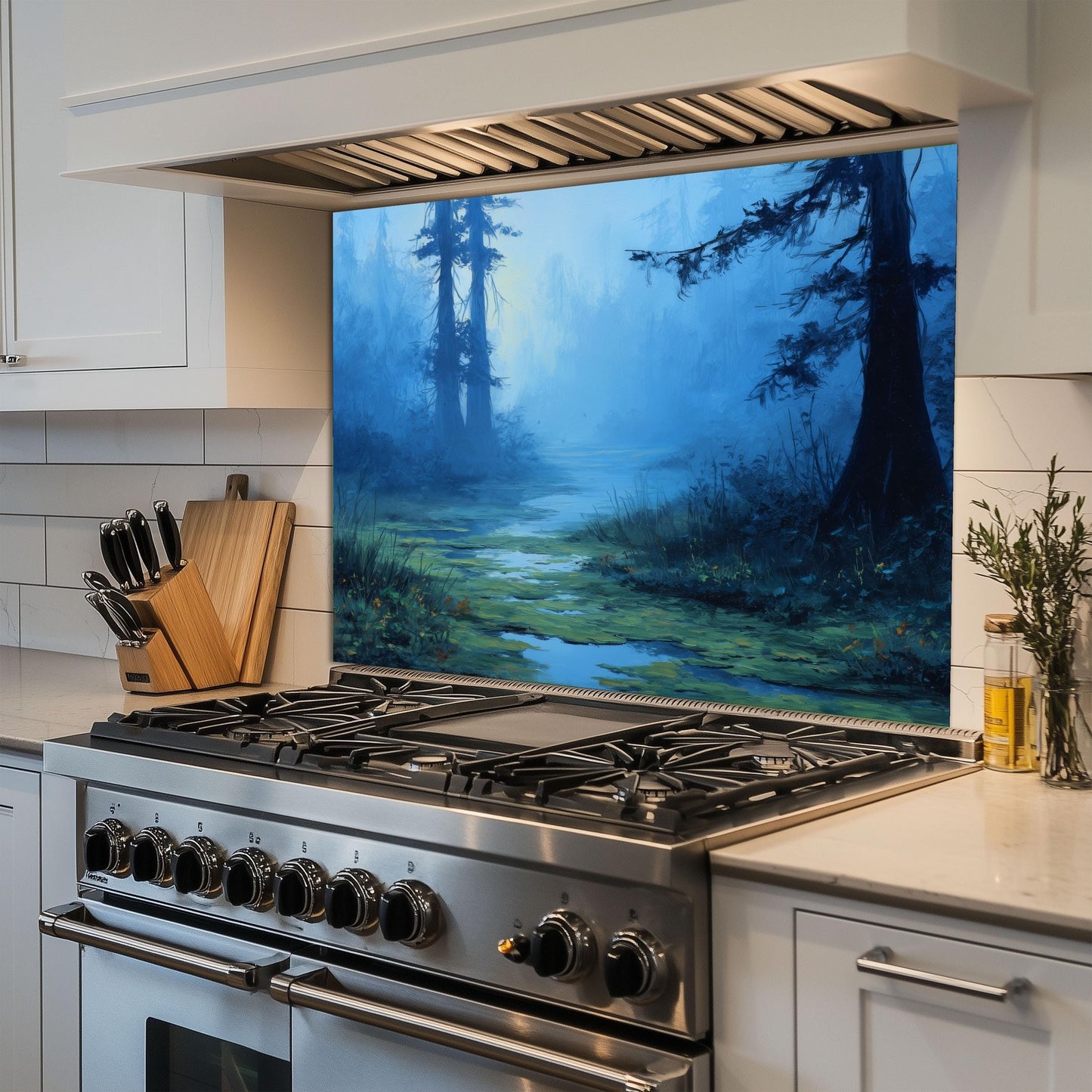 Blue Mist Swamp Glass Backsplash, Tranquil Wetland Stove Guard, Heat Resistant Kitchen Wall Art
