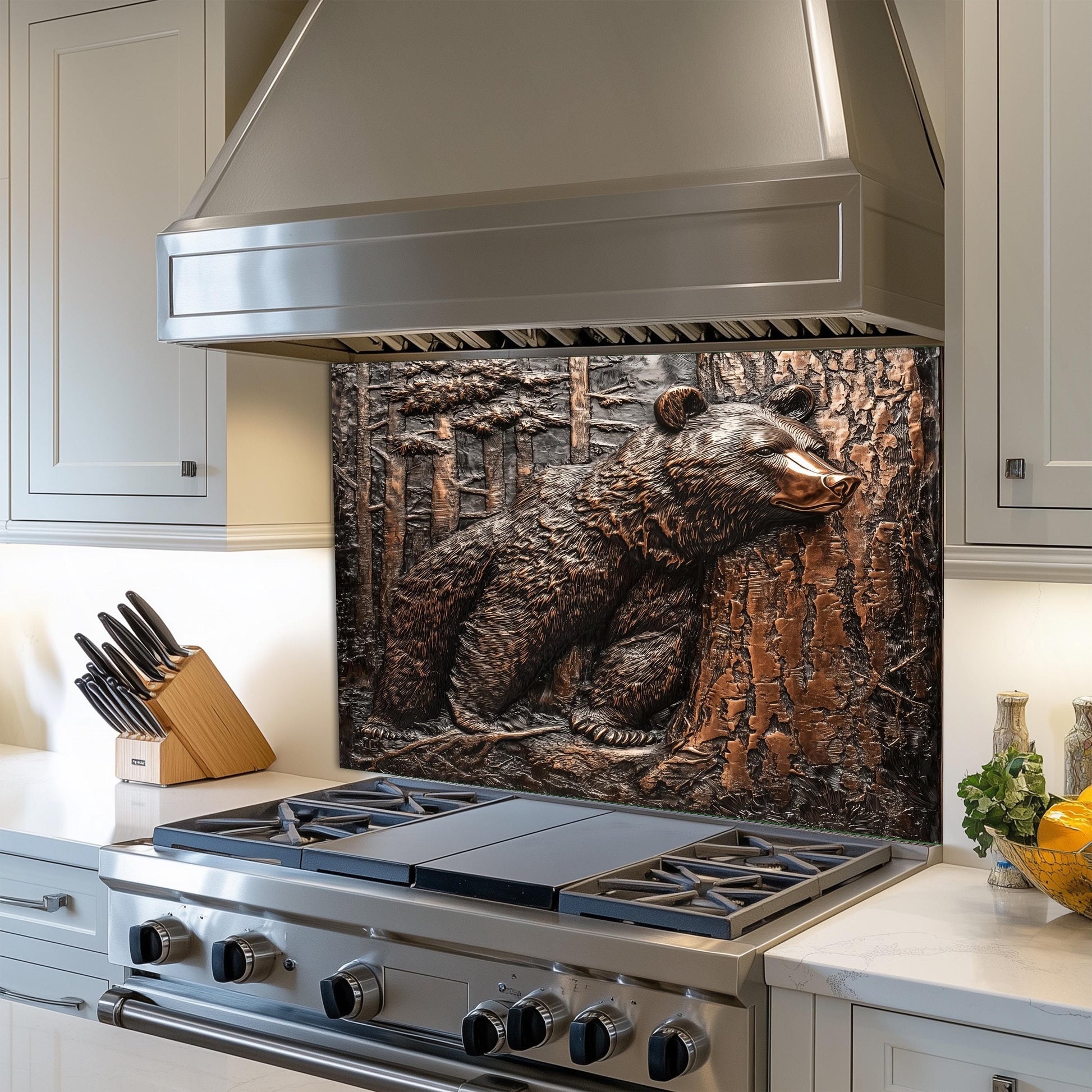 wildlife-themed copper kitchen backsplash with bear