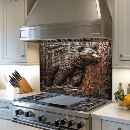 wildlife-themed copper kitchen backsplash with bear
