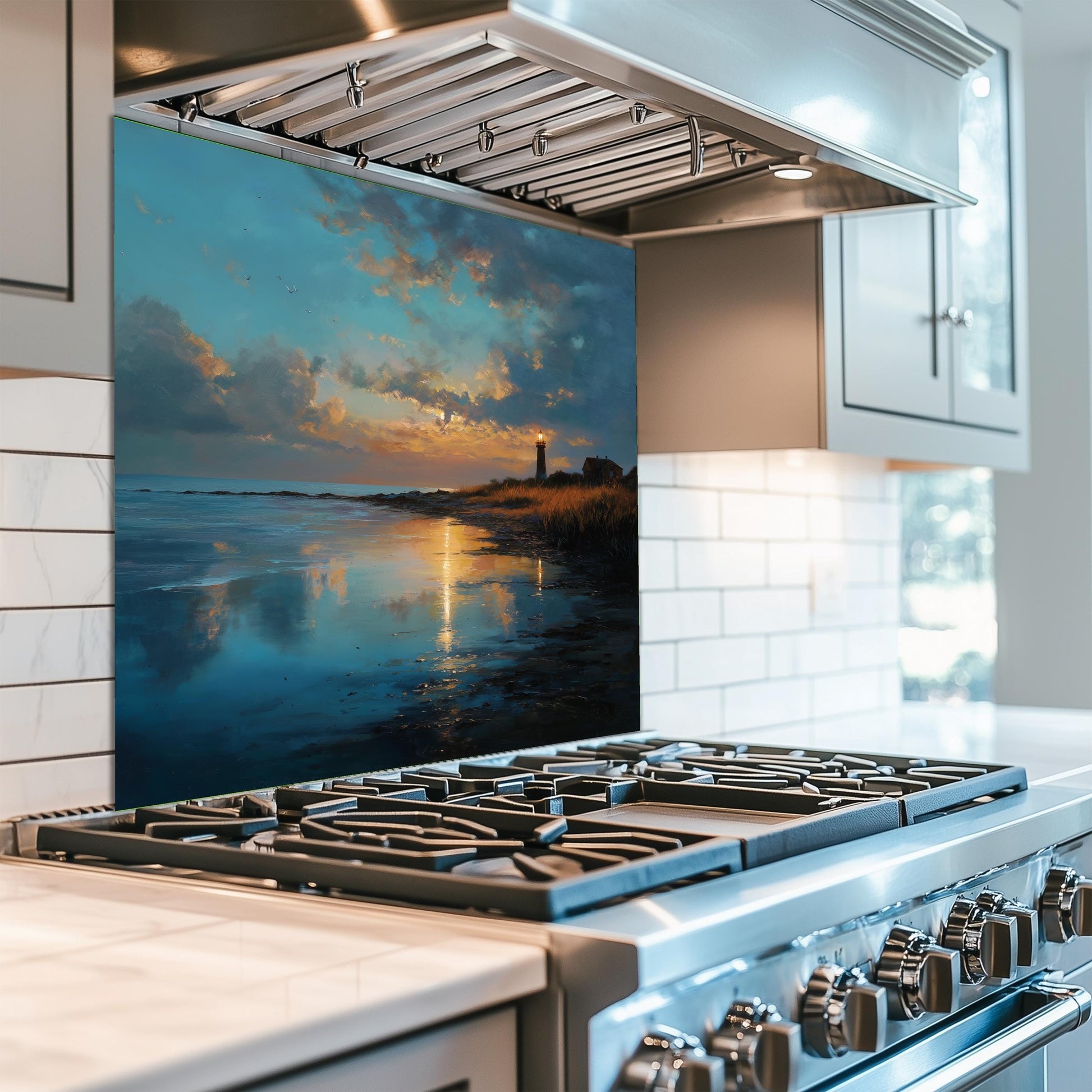 Coastal Lighthouse Glass Backsplash, Ocean Wave Stove Guard, Heat Resistant Easy Clean Kitchen Art