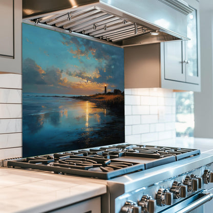 Coastal Lighthouse Glass Backsplash, Ocean Wave Stove Guard, Heat Resistant Easy Clean Kitchen Art