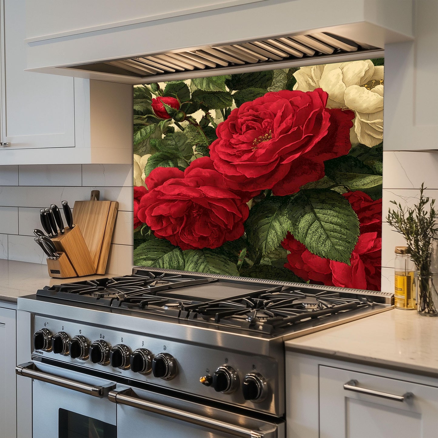 Red Rose Glass Backsplash, Vintage Botanical Stove Guard, Heat Resistant Easy Clean Kitchen Art