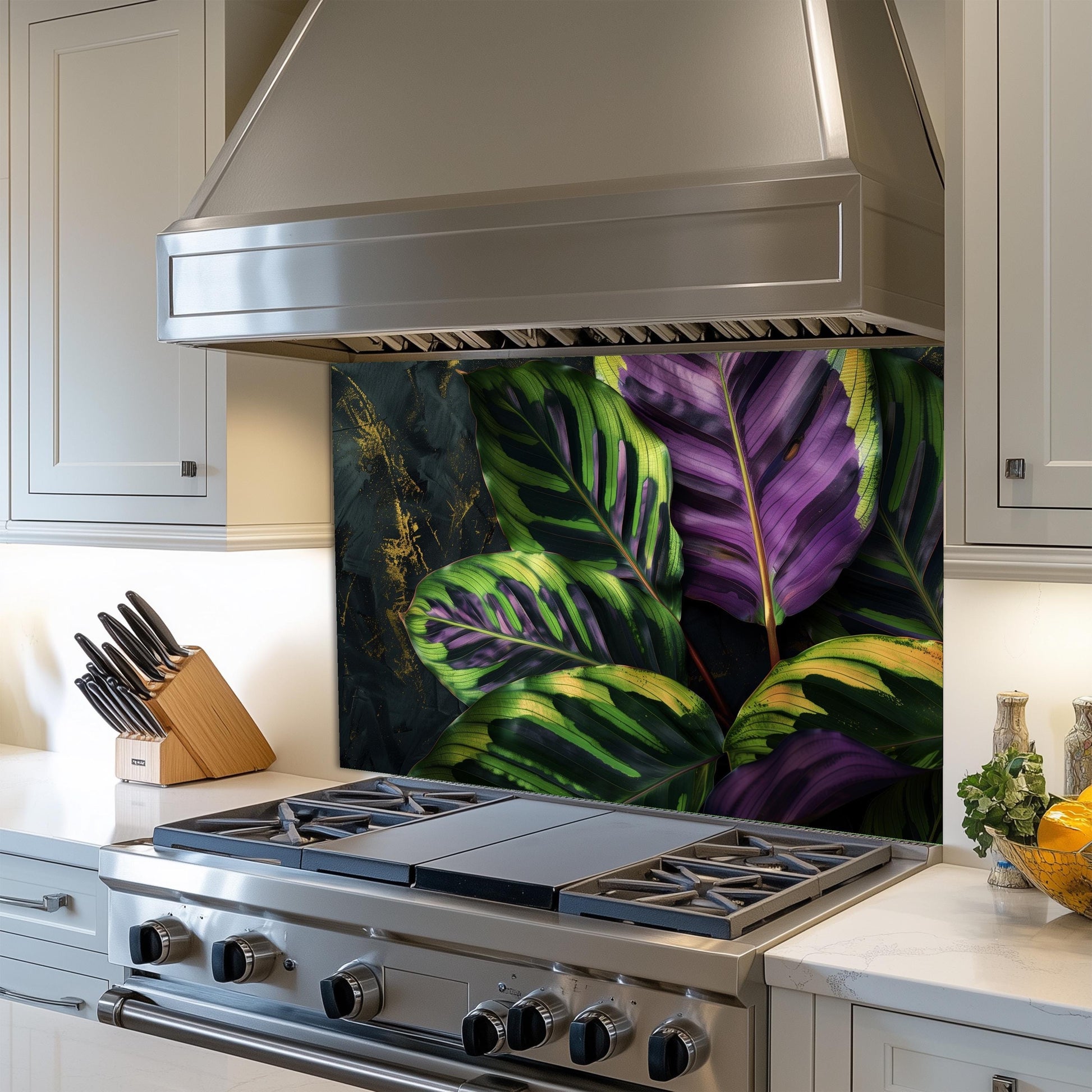 Tropical Calathea Leaf Glass Backsplash, Exotic Botanical Stove Guard, Heat Resistant Kitchen Art