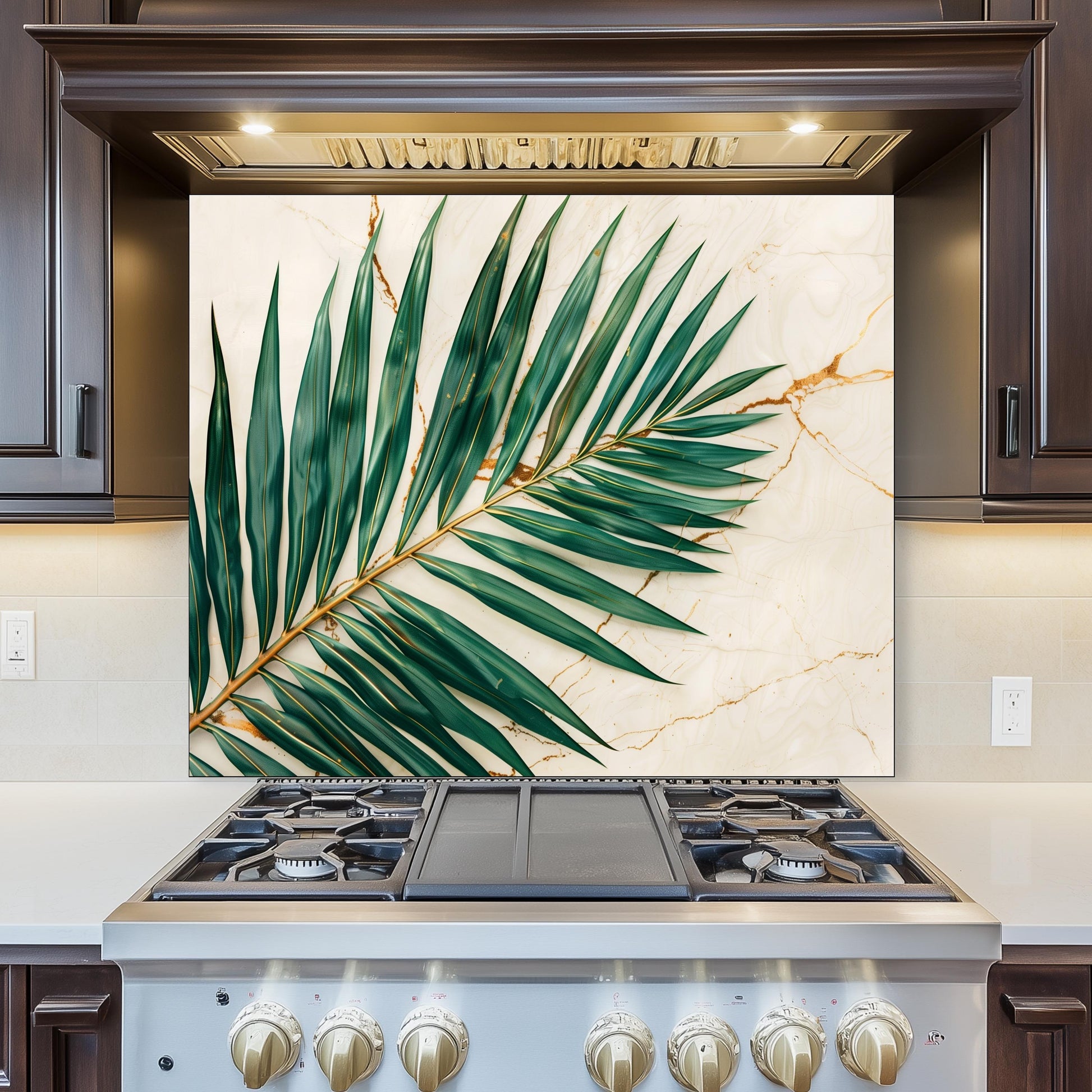 Tropical Palm Leaf Marble Glass Backsplash – Gold Vein Kitchen Wall Panel