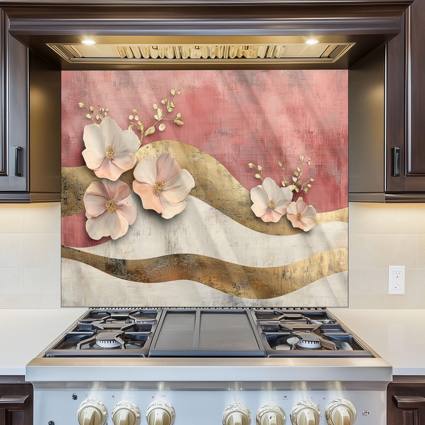 Moroccan Floral Glass Backsplash, Heat Resistant Stove Guard, Custom Size Kitchen Art
