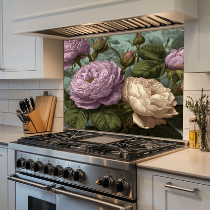 Vintage Pink Roses Kitchen Backsplash: Tempered Glass Floral Wall Panel