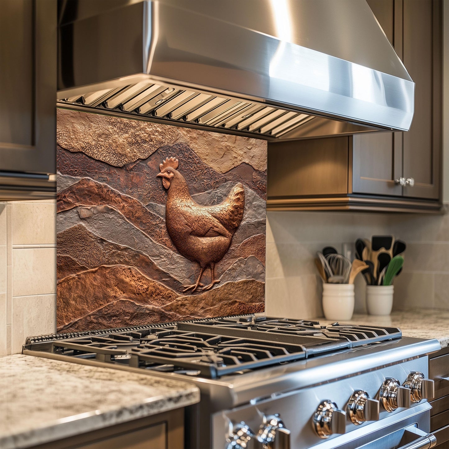 Rustic Chicken Backsplash: Embossed Hen, Tempered Glass Farmhouse Decor