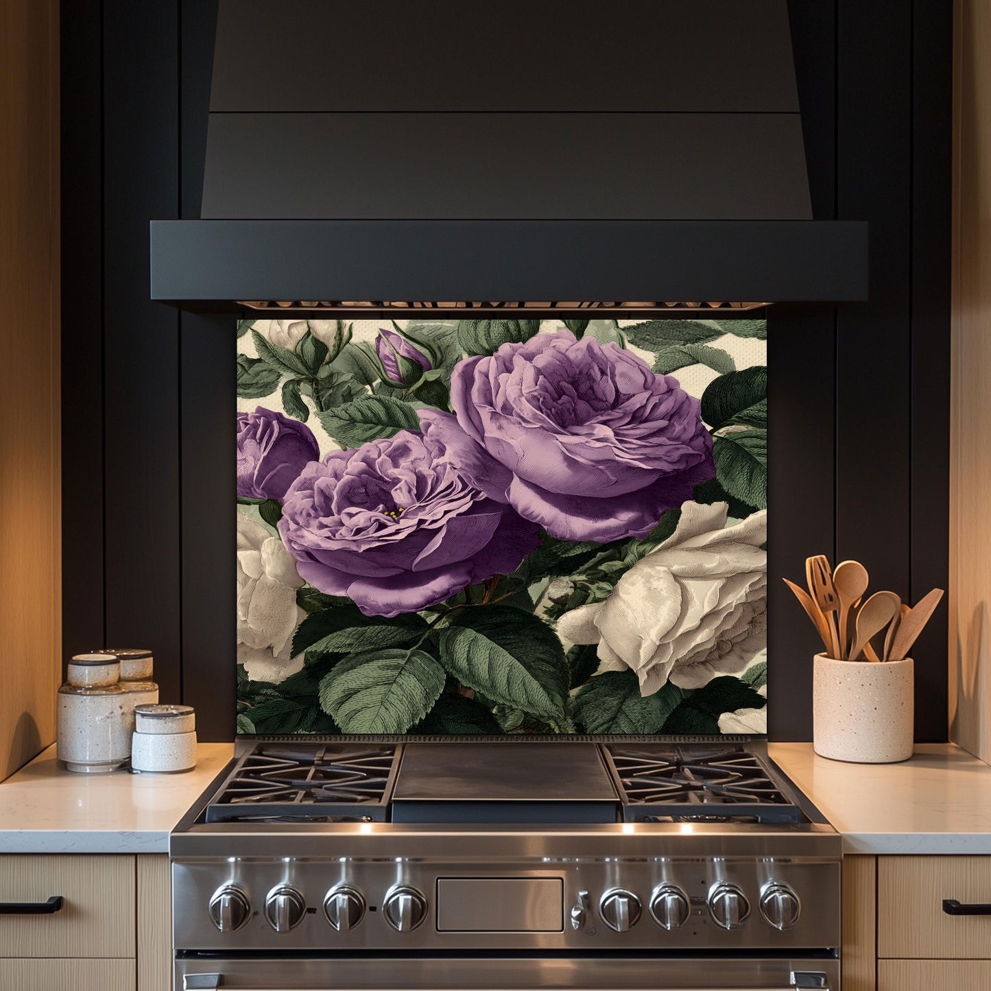 Vintage Purple Roses Glass Kitchen Backsplash - Botanical Floral Wall Art