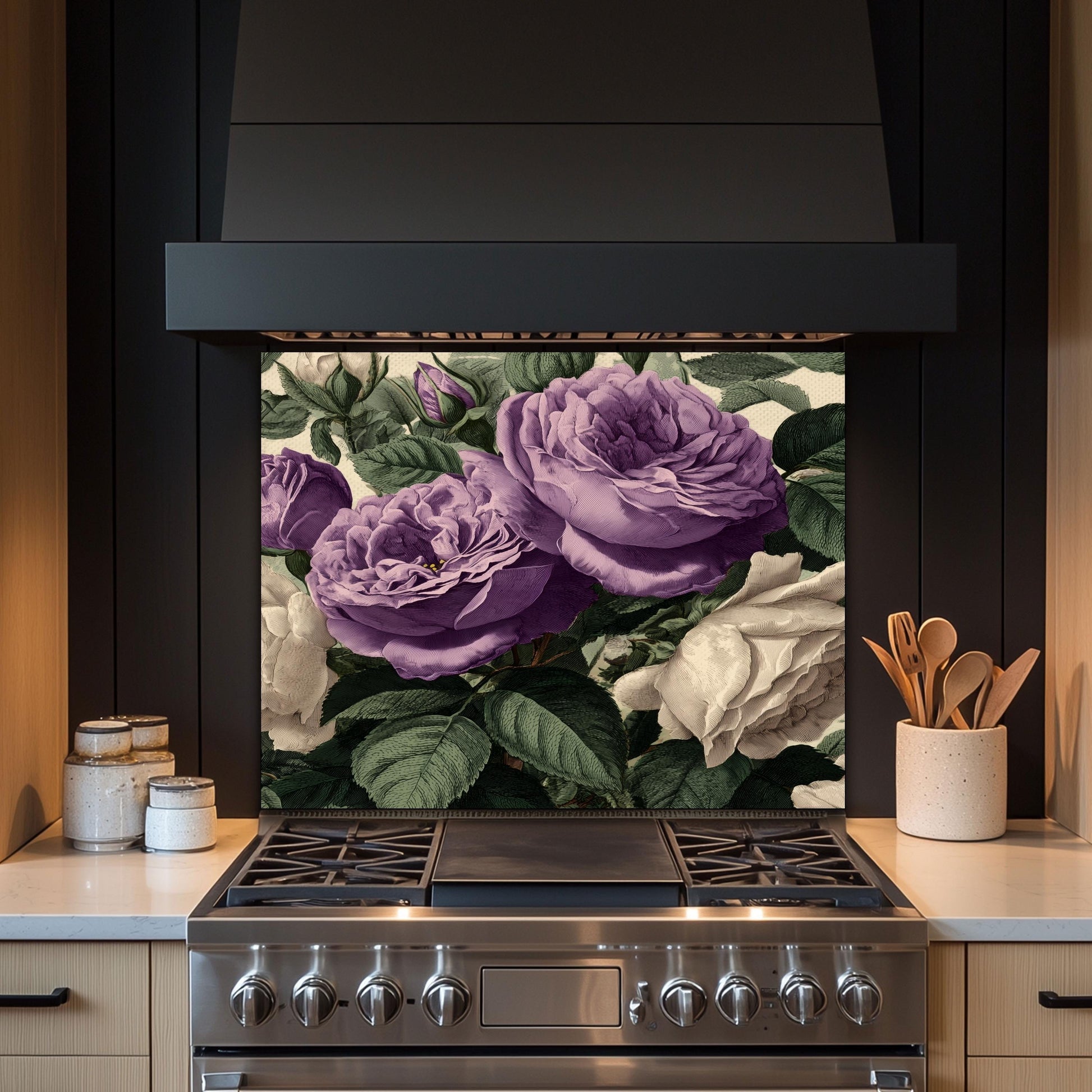 Vintage Purple Roses Glass Kitchen Backsplash - Botanical Floral Wall Art
