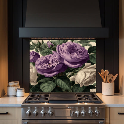 Vintage Purple Roses Glass Kitchen Backsplash - Botanical Floral Wall Art