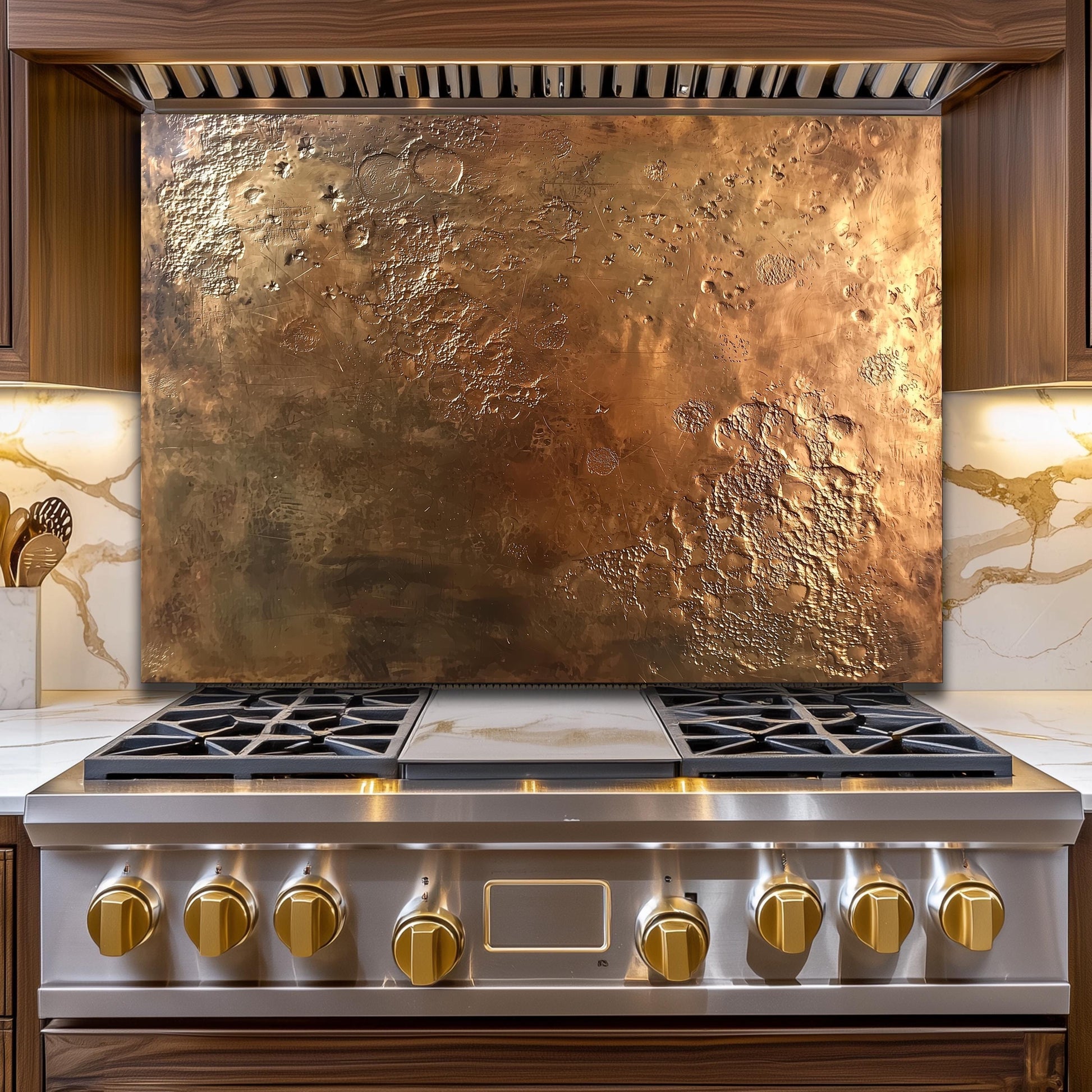 Textured Copper-Effect Glass Backsplash: Rustic Kitchen Decor