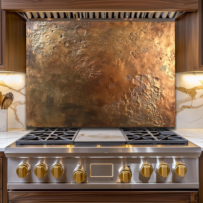 Textured Copper-Effect Glass Backsplash: Rustic Kitchen Decor