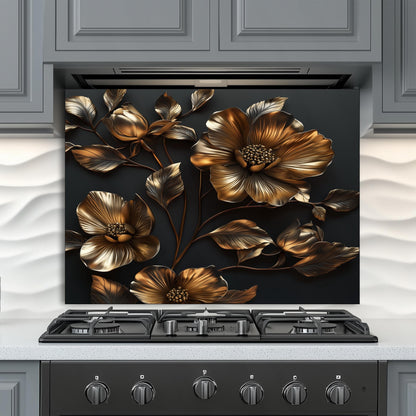 Golden Flower Tempered Glass Kitchen Backsplash: Artistic Flair