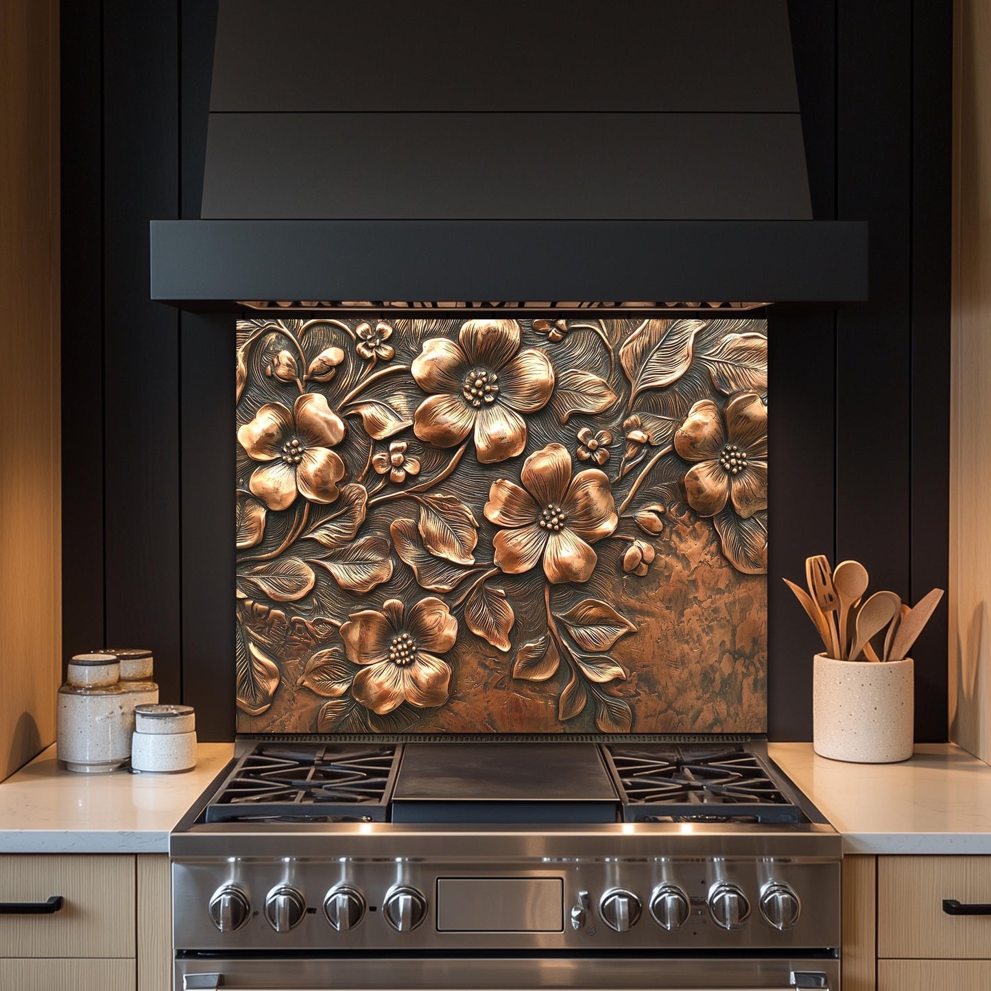 Floral Copper-Effect Tempered Glass Kitchen Backsplash