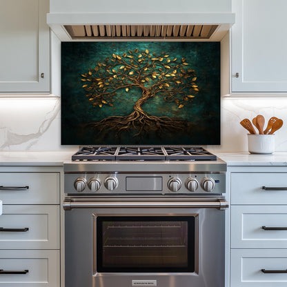Tempered glass backsplash, gold leaf tree of life design, heat-resistant wall panel, easy clean kitchen protector, artistic backsplash, stove protector, stylish wall art, modern kitchen decor