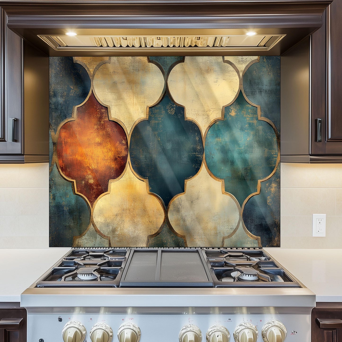 Moroccan Style Glass Backsplash, Blue Geometric Stove Guard, Heat Resistant Easy Clean Kitchen Art