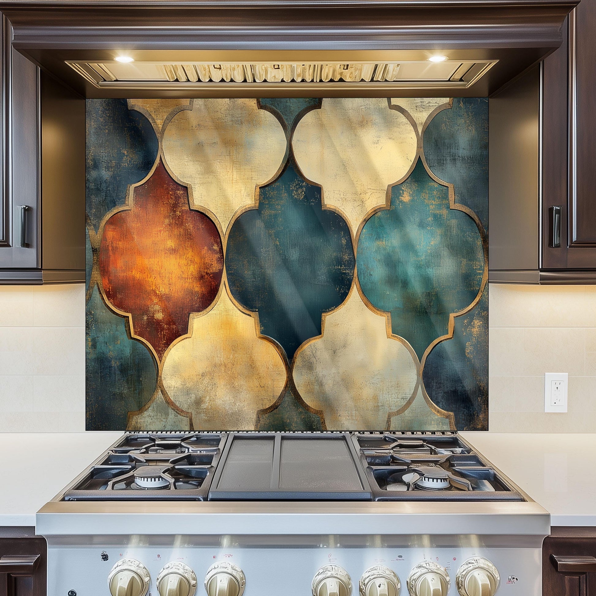 Moroccan Style Glass Backsplash, Blue Geometric Stove Guard, Heat Resistant Easy Clean Kitchen Art