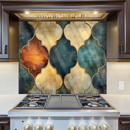 Moroccan Style Glass Backsplash, Blue Geometric Stove Guard, Heat Resistant Easy Clean Kitchen Art