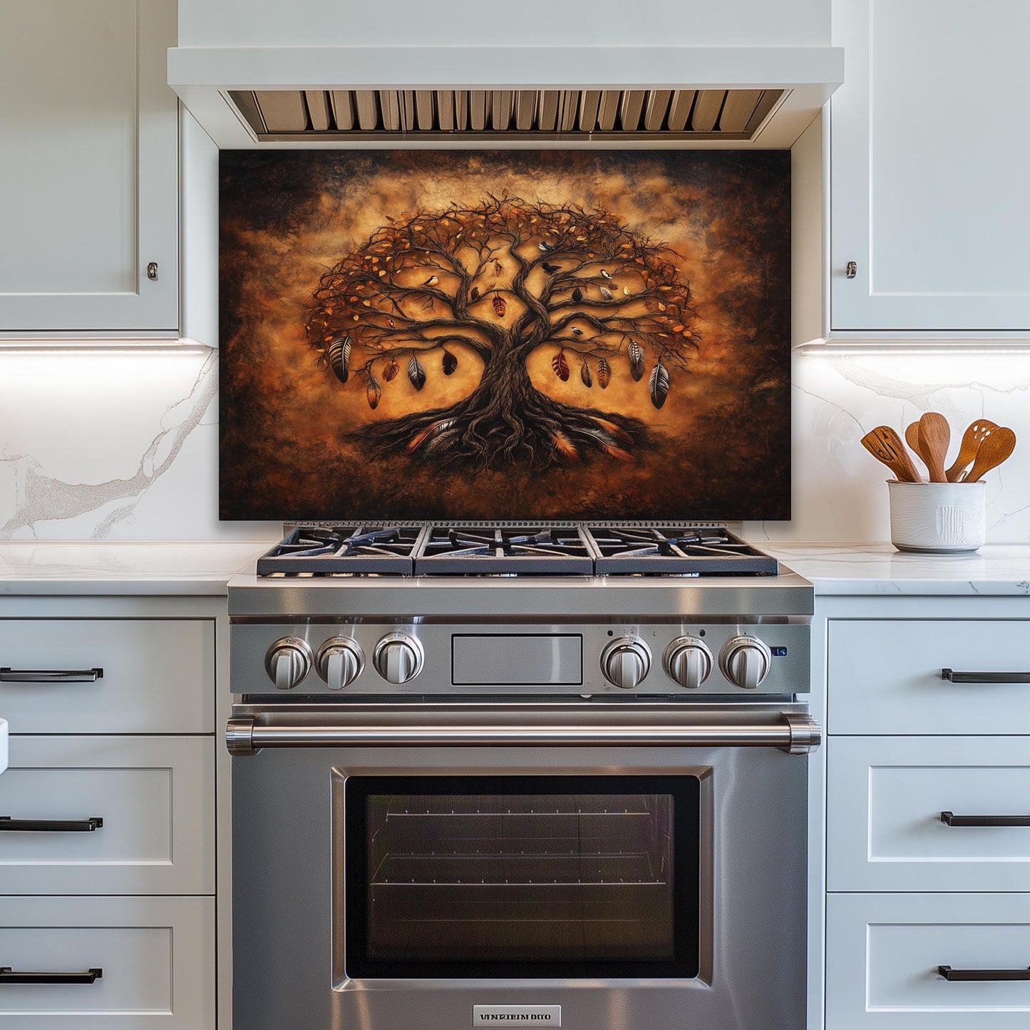Tempered glass backsplash, dark tree of life with feathers, bohemian kitchen wall art, heat-resistant panel, easy clean splashback, stove protector, artistic kitchen decor, modern wall art