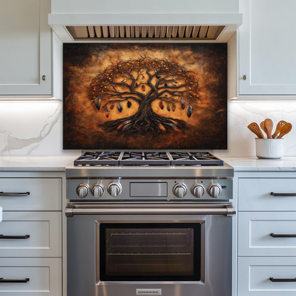 Tempered glass backsplash, dark tree of life with feathers, bohemian kitchen wall art, heat-resistant panel, easy clean splashback, stove protector, artistic kitchen decor, modern wall art