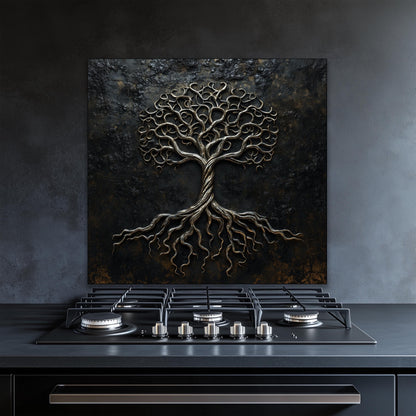 Metal Tree of Life Kitchen Backsplash, Industrial Tempered Glass Art, Custom Size Design