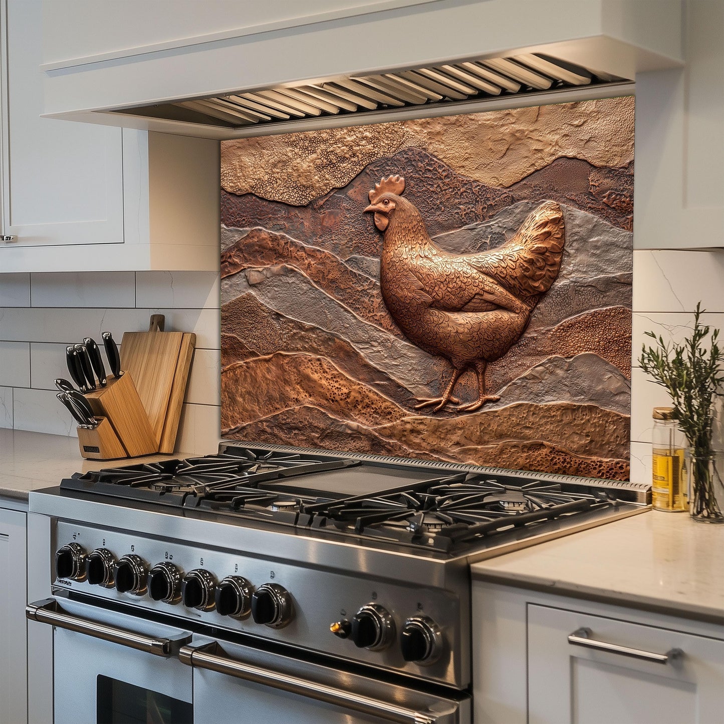 Rustic Chicken Backsplash: Embossed Hen, Tempered Glass Farmhouse Decor