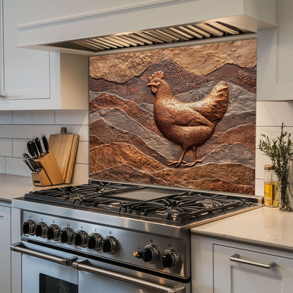 Rustic Chicken Backsplash: Embossed Hen, Tempered Glass Farmhouse Decor