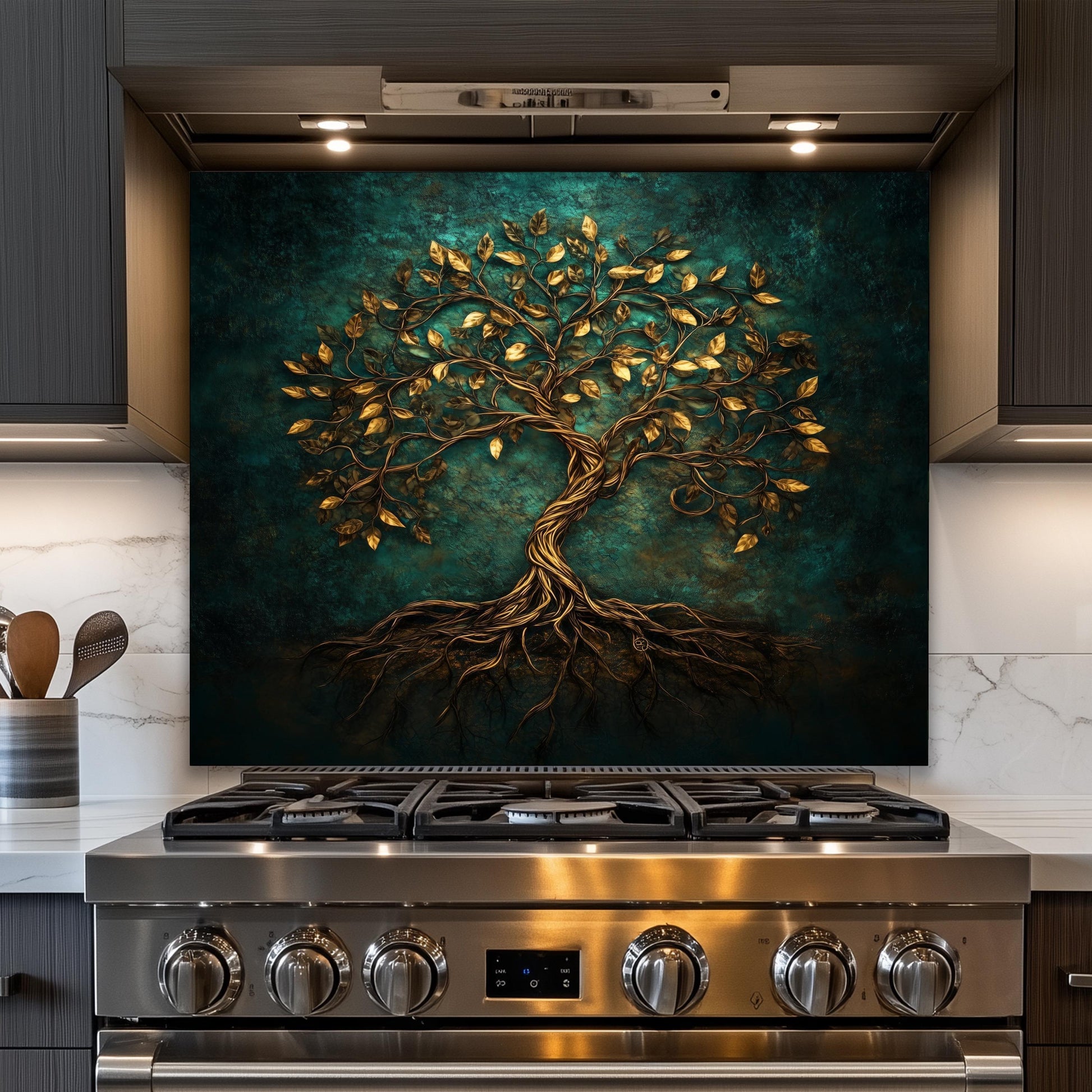 Tree of life tempered glass backsplash, gold leaf design, heat-resistant kitchen wall panel, easy clean, stylish kitchen wall protector, artistic backsplash, stove protector, modern kitchen decor