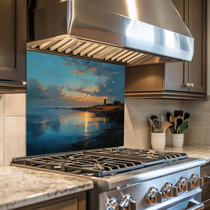 Coastal Lighthouse Glass Backsplash, Ocean Wave Stove Guard, Heat Resistant Easy Clean Kitchen Art