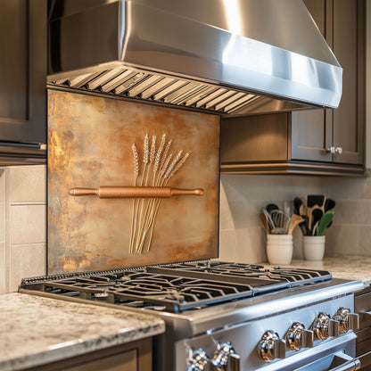 Wheat and rolling pin kitchen backsplash, crafted from durable tempered glass for heat resistance and easy maintenance. Ideal for rustic and farmhouse interiors, this backsplash enhances kitchen decor with natural, earthy charm.