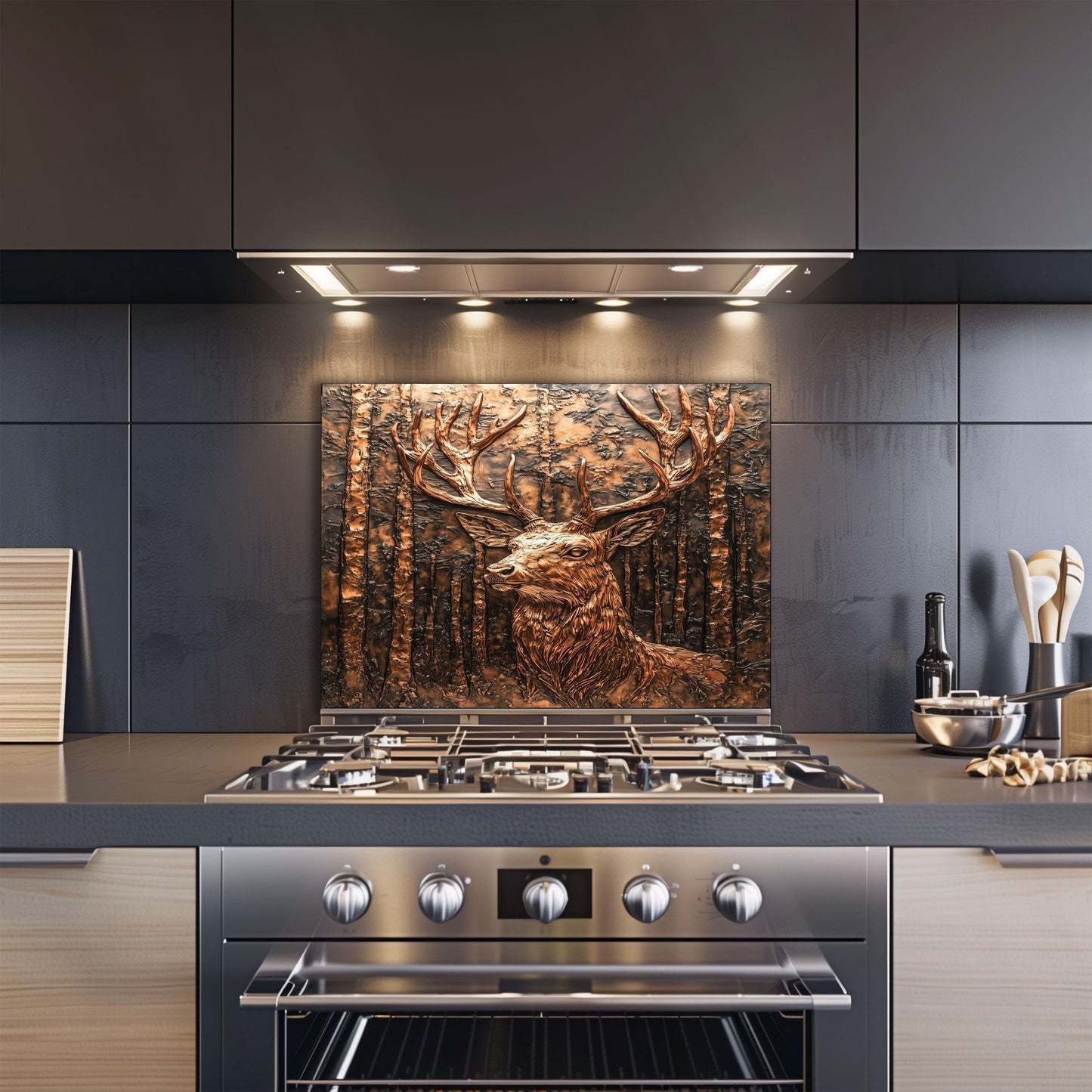 Tempered glass kitchen wall protector, copper deer design kitchen backsplash, heat-resistant kitchen decor, rustic style kitchen art, vintage kitchen wall protector, stove backsplash, easy clean copper effect backsplash