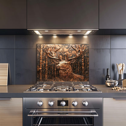 Tempered glass kitchen wall protector, copper deer design kitchen backsplash, heat-resistant kitchen decor, rustic style kitchen art, vintage kitchen wall protector, stove backsplash, easy clean copper effect backsplash