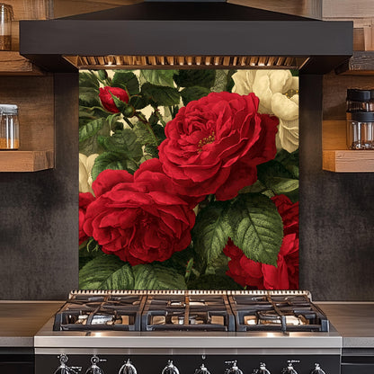 Red Rose Glass Backsplash, Vintage Botanical Stove Guard, Heat Resistant Easy Clean Kitchen Art