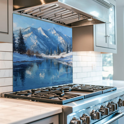Winter Mountain Lake Glass Backsplash, Scenic Nature Stove Guard, Heat Resistant Easy Clean Art