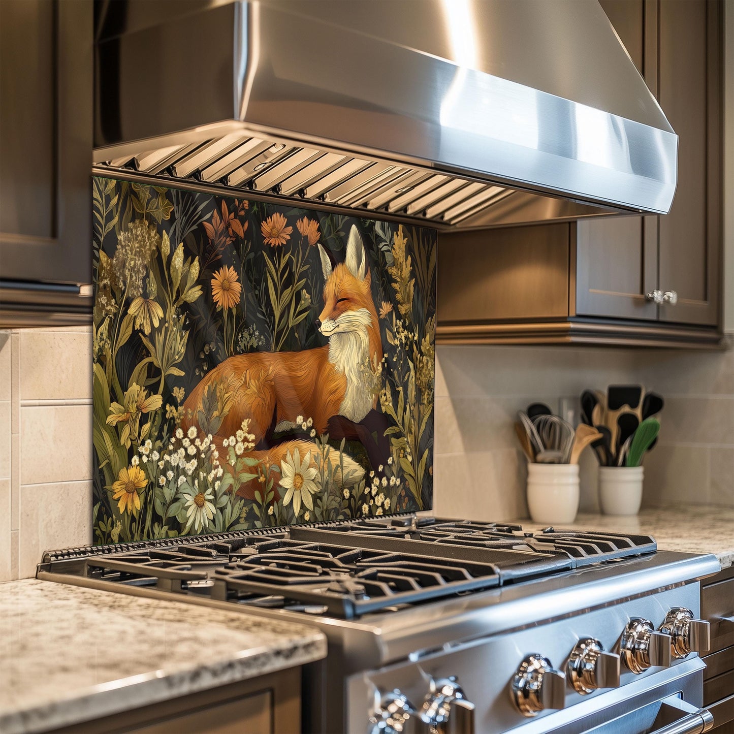 Fox Glass Backsplash, Wildlife Animal Stove Guard, Heat Resistant Easy Clean Kitchen Wall Art