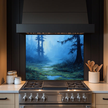 Blue Mist Swamp Glass Backsplash, Tranquil Wetland Stove Guard, Heat Resistant Kitchen Wall Art