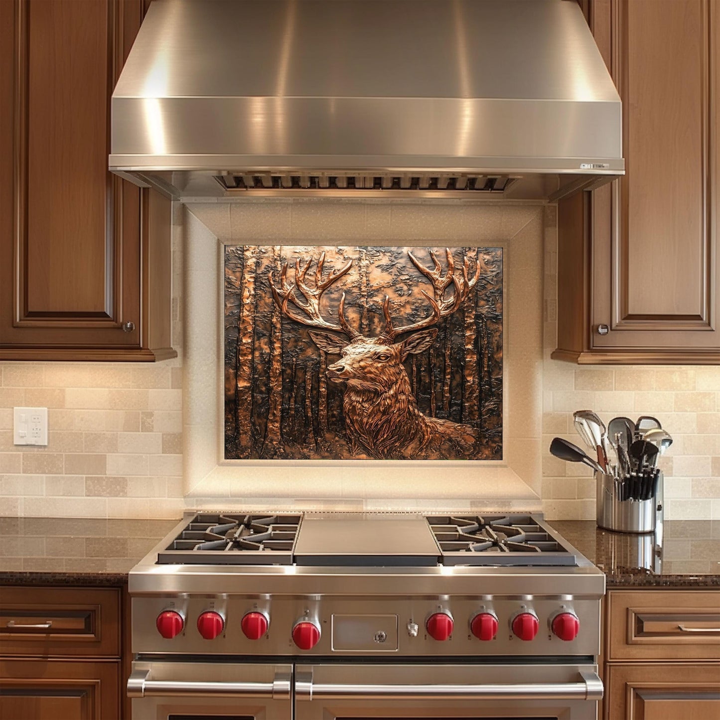 Rustic copper kitchen backsplash, heat-resistant tempered glass wall protector, woodland deer kitchen art, copper kitchen decor, easy clean wall protector, stove backsplash, rustic vintage kitchen backsplash