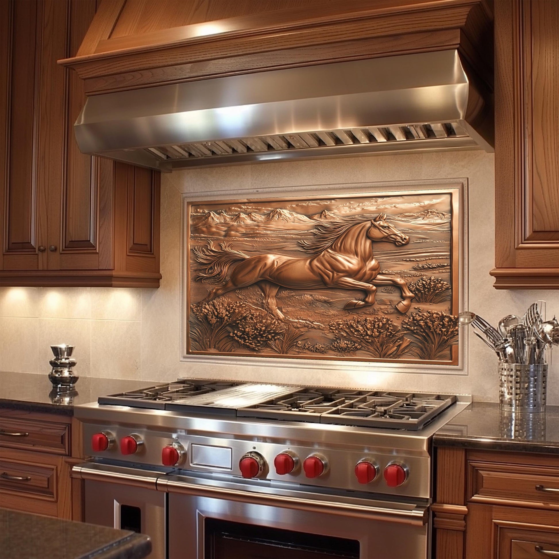 Copper effect kitchen backsplash, horse running design, heat-resistant tempered glass, easy clean kitchen wall protector, rustic Western kitchen decor, nature-inspired kitchen art, stove protector