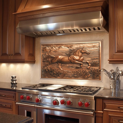 Copper effect kitchen backsplash, horse running design, heat-resistant tempered glass, easy clean kitchen wall protector, rustic Western kitchen decor, nature-inspired kitchen art, stove protector