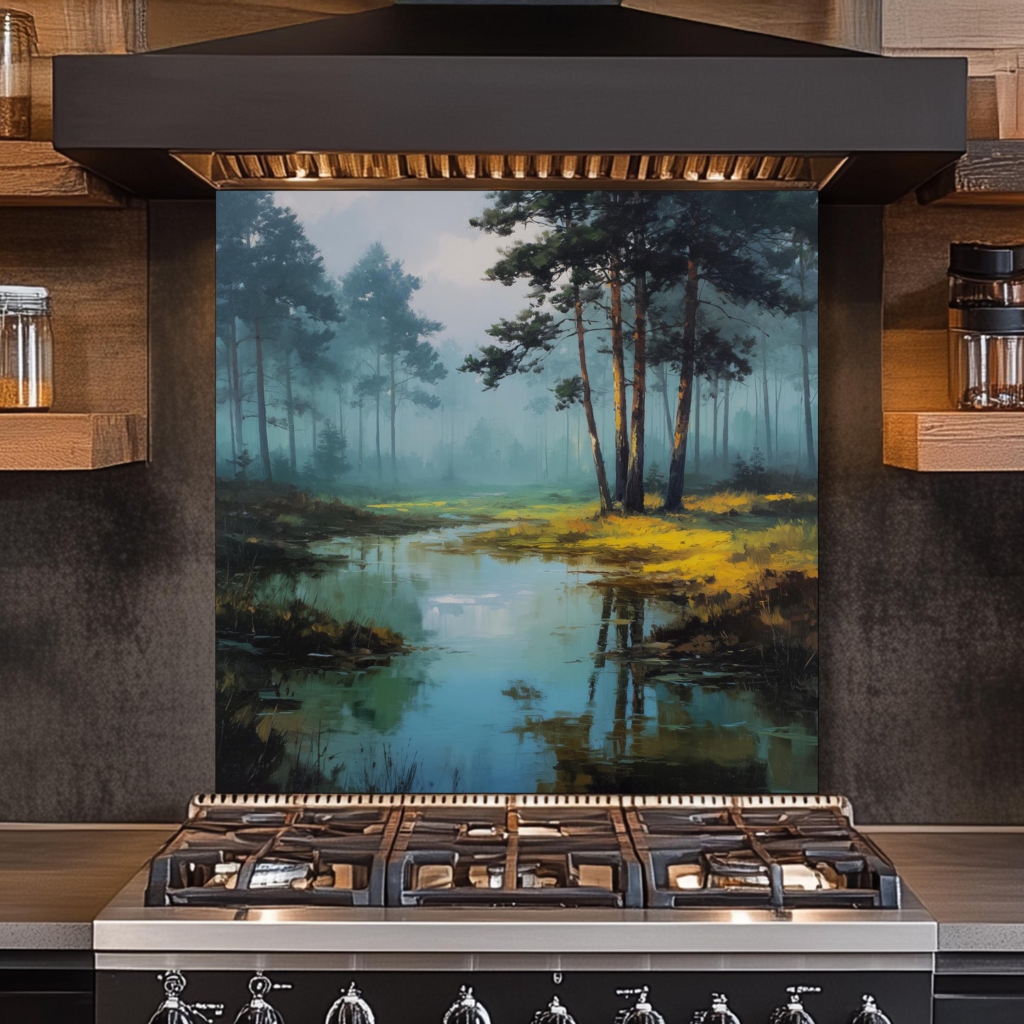 Forest Lake Tempered Glass Backsplash - Misty Woodland Kitchen Splashback