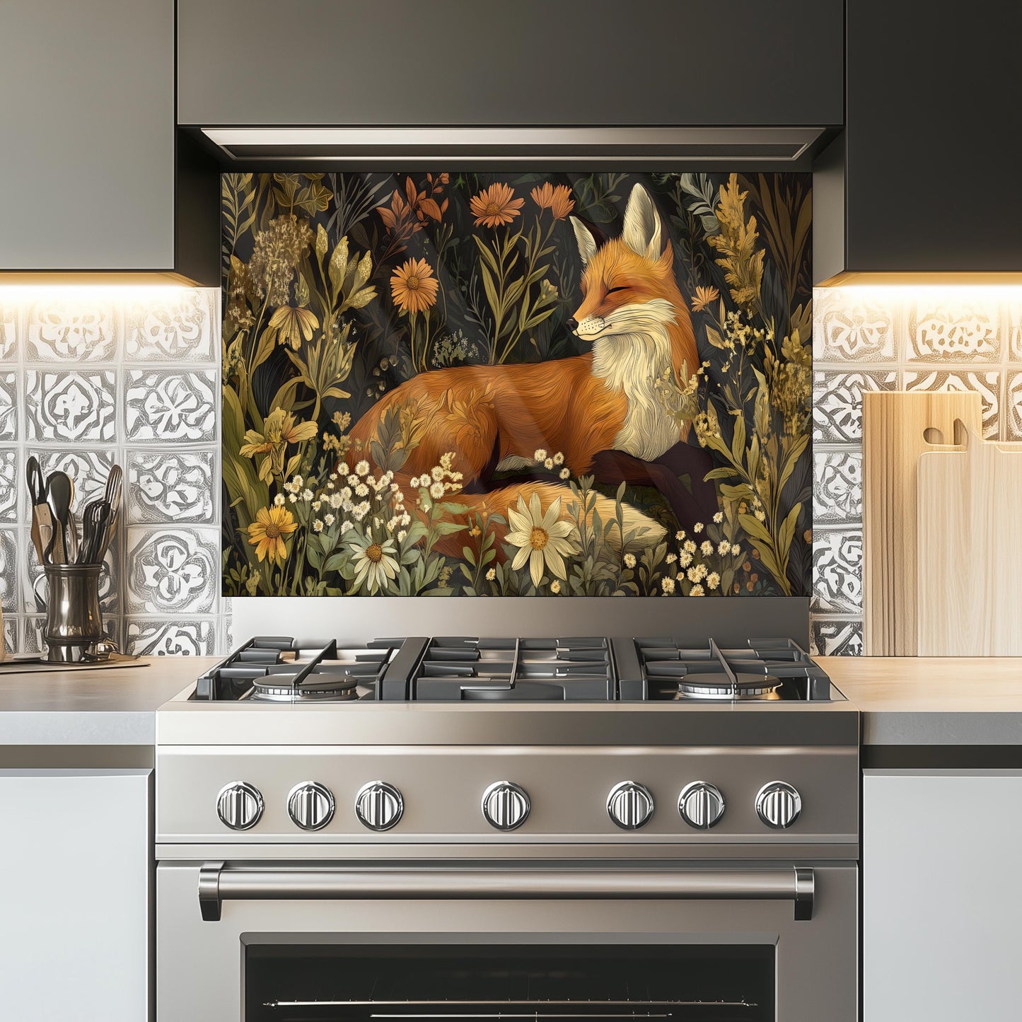 Fox Glass Backsplash, Wildlife Animal Stove Guard, Heat Resistant Easy Clean Kitchen Wall Art