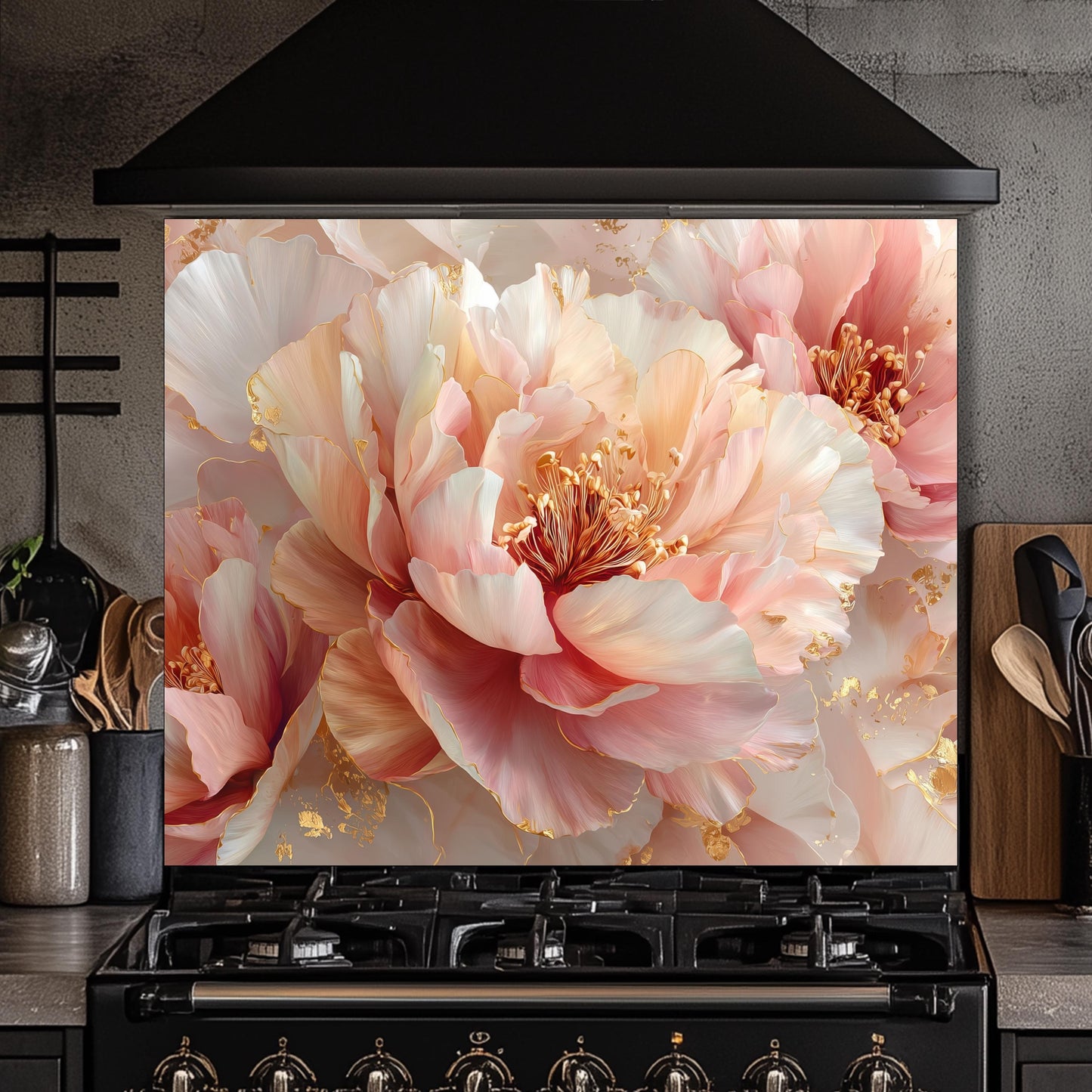 Blush Peony Glass Backsplash, Floral Pink Stove Guard, Heat Resistant Easy Clean Kitchen Art