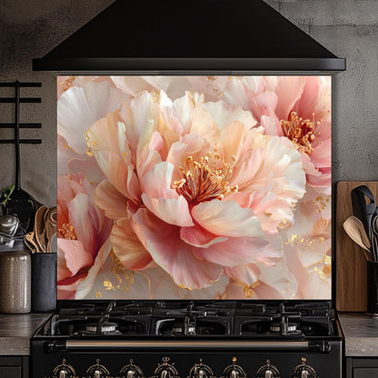 Blush Peony Glass Backsplash, Floral Pink Stove Guard, Heat Resistant Easy Clean Kitchen Art