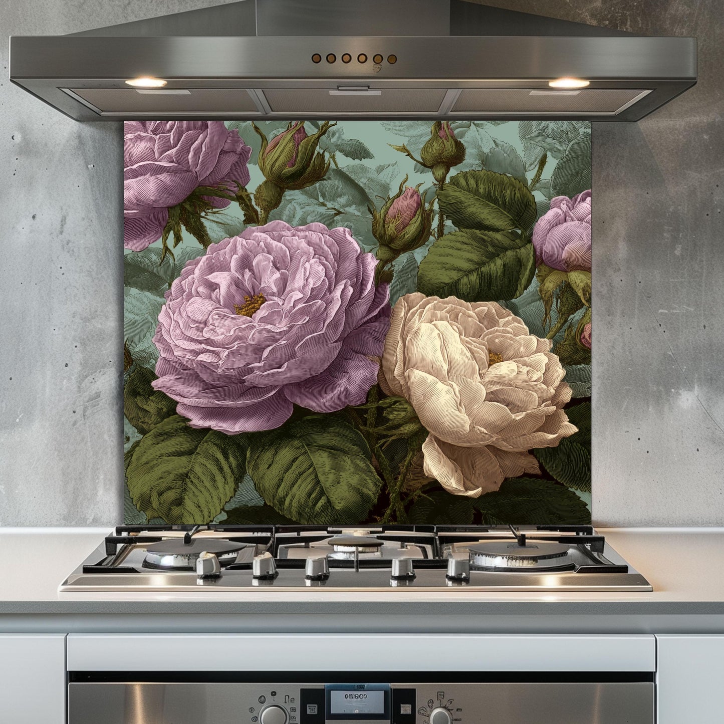 Vintage Pink Roses Kitchen Backsplash: Tempered Glass Floral Wall Panel